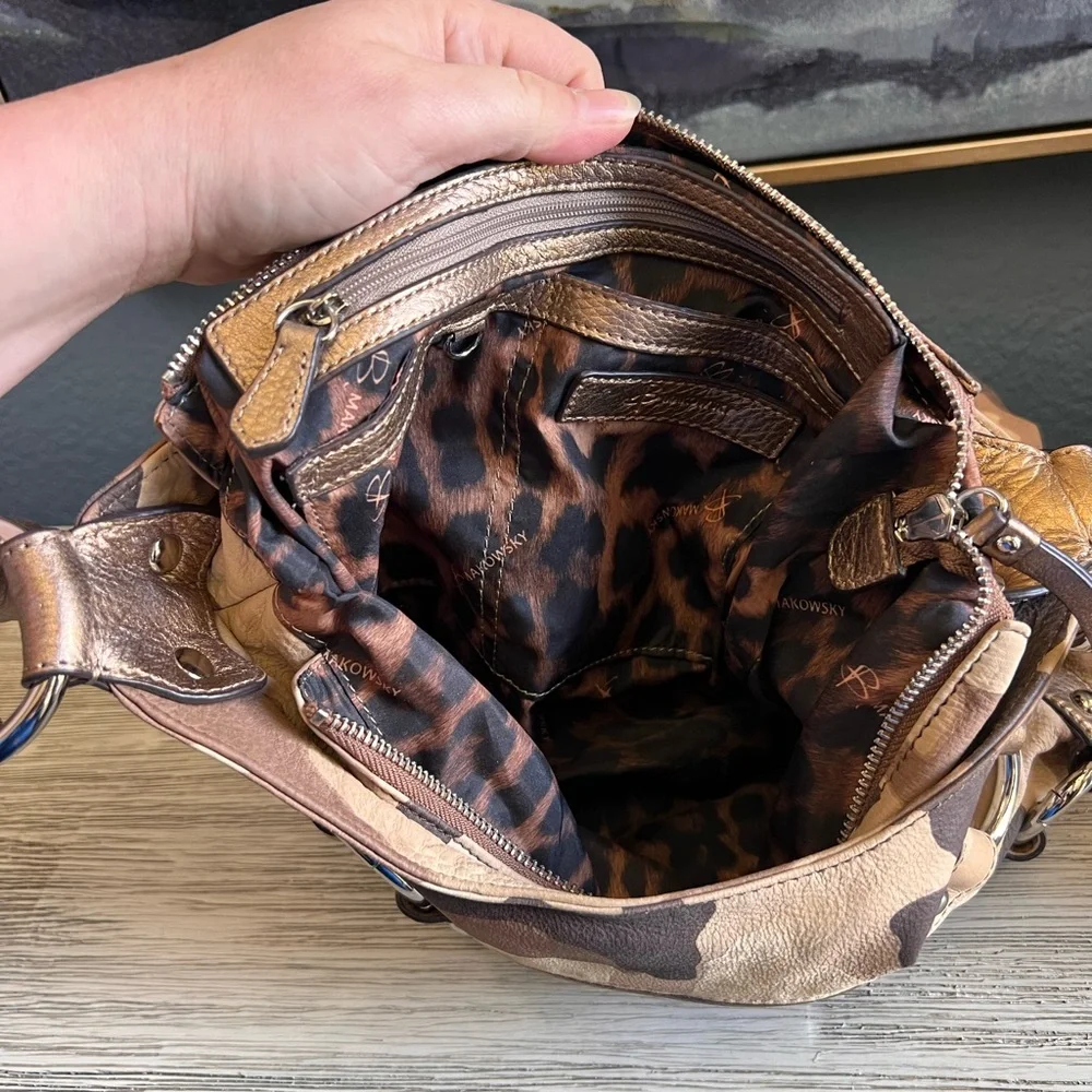 b. makowsky Genuine Leather Camouflage Hobo Bag with Brown Accents